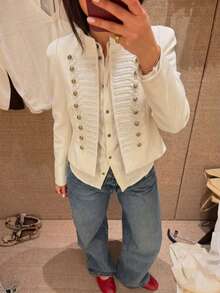 GMFP 女款春夏/秋冬休閒優雅時尚白色鉚釘立領黑色短款派對夾克，適合度假季、日、開學季、萬聖節女裝上衣 - 白色 - 查看 2