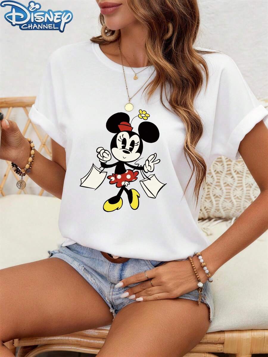 Disney Cute, T-Shirt, Minnie Mouse Print, Cotton Blend, Women's Casual Wear, One Size(2) - 白色 - 查看 1