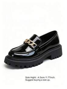 Women's Chunky Heel Loafers, With Metal Buckle Glossy Patent Leather, Comfortable Round Toe Anti-Slip Lugged Sole Slip-On Penny Loafers For Casual, Business, Formal Occasions - Black - View 3