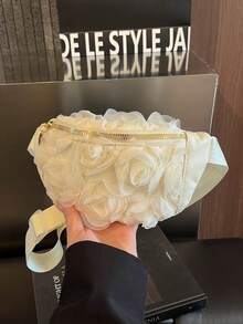 乳白色3D玫瑰花網格腰包女款，夏季新款溫柔風斜跨腰包，百搭仙女風手機包，女用胸包適合日常出遊與約會 - 米色 - 查看 4