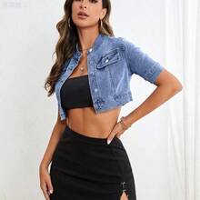 xuehuamaoyi02   Blusa corta de mezclilla de manga corta con botones delanteros lisos - Azul lavado oscuro - Ver 5