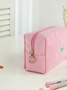 1pc Love Makes The World Go Around Fashionable Minimalist Corduroy Large Capacity Cosmetic Makeup Tool Storage Bag Suitable For Home And Travel - Pink - View 5