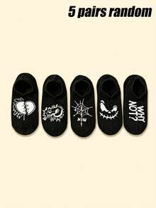 5 Pairs/10 Pairs Unisex Funny Expression Spider Web Letter Invisible Boat Socks, Suitable For Party, Travel, Vacation, Summer Outfits - Multicolor - View 12