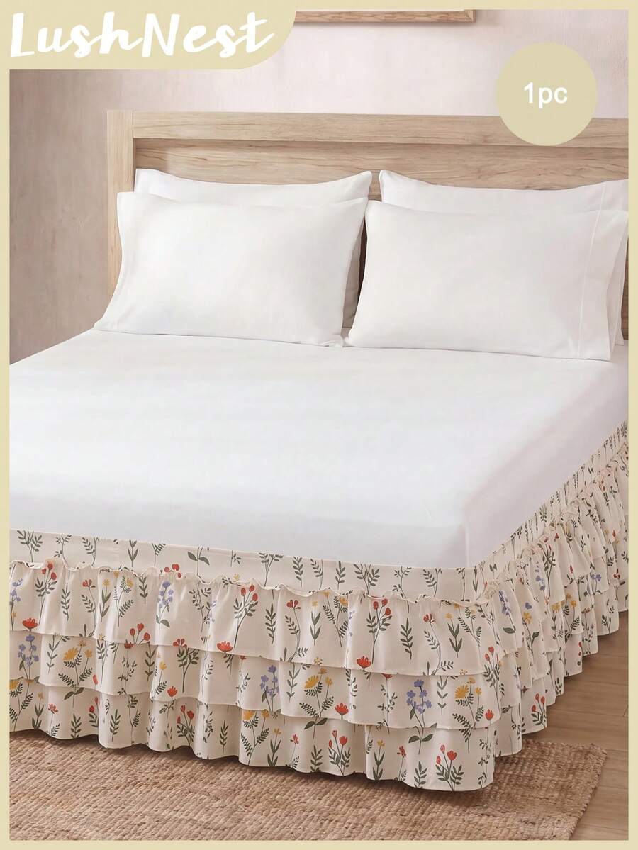 1pc Fresh And Colorful Flowers Print Three-Layer Bed Skirt (1 Piece), Featuring A Simple And Classic Design, Suitable For Daily Wear. Made Of Comfortable And Breathable Polyester Fabric, It Is Suitable For All Seasons And Is Highly Suitable For Bedr - Multicolor - View 1