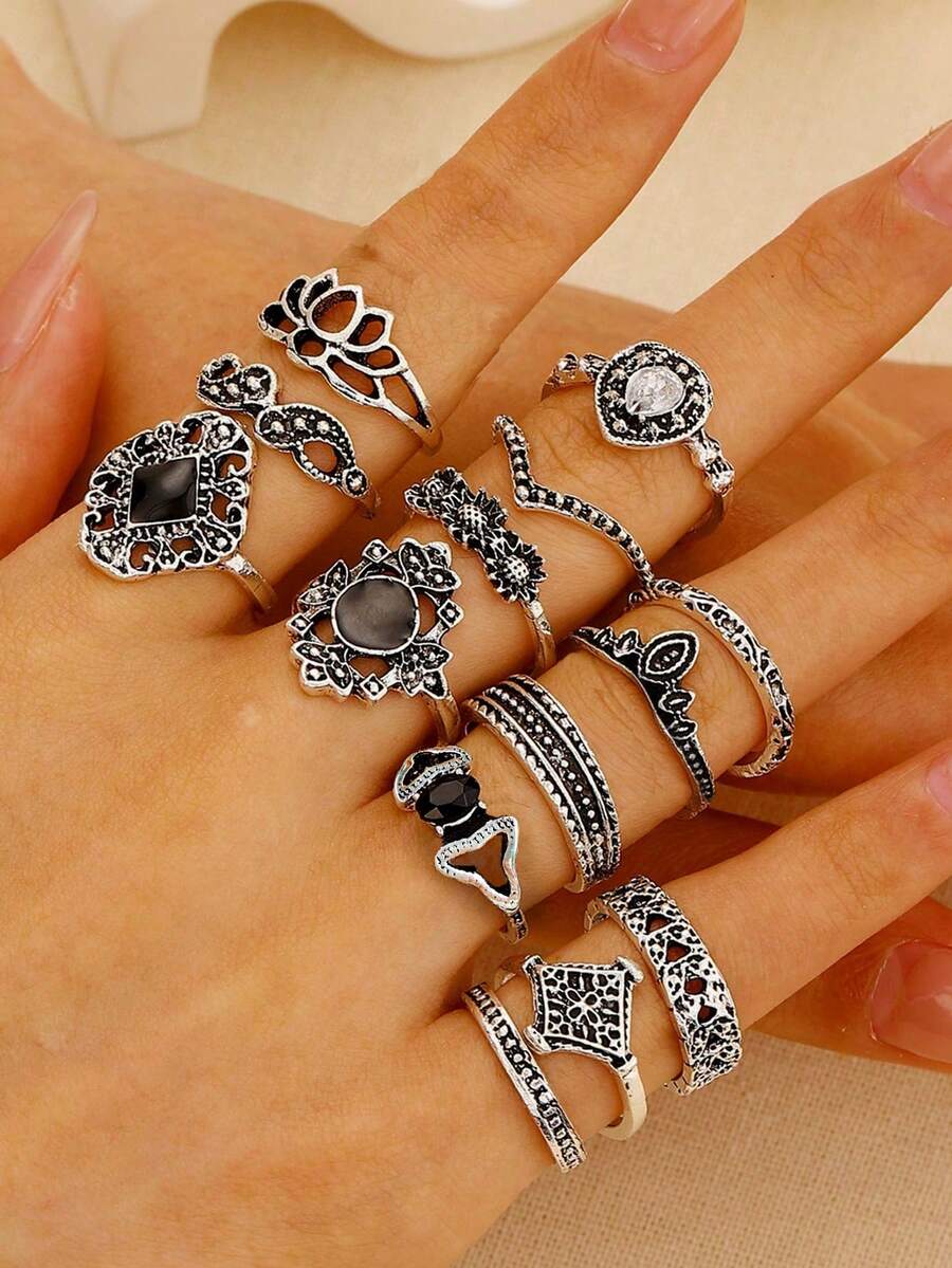 1 set de anillos apilables para mujer estilo retro europeo y americano, diseño de loto hueco, corona con incrustaciones de diamantes de imitación, gota de aceite colgante, 14 piezas - Plata antigua - Ver 1