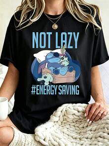 Vintage Style Disney Lilo & Stitch Funny Sleeping Stitch Graphic Tee Lightweight Cotton Cute Cartoon Casual Summer Outfit Short Sleeve T-Shirt - 黑色 - 查看 1