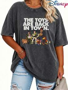Disney Buzz Lightyear T-Shirt, Washed Casual Women's T-Shirt, Summer Pure Cotton Loose Oversized Short-Sleeved Top. - 黑色 - 查看 2