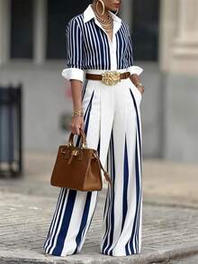 Women's Striped Co-Ord Set Business Casual Woman, Long Sleeve Top & Belted Wide-Leg Pants, Elegant Outfit For Business & Daily Wear (Belt Included) - Blue - View 10
