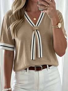 Plus Size Tie Front V-Neck Short Sleeve Sweater - Contrast Binding Striped Summer Knit Top - Casual Solid Fine Knit Pullover For Women - Khaki - View 1