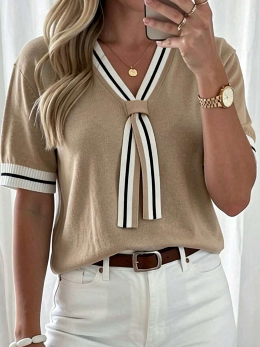 Plus Size Tie Front V-Neck Short Sleeve Sweater - Contrast Binding Striped Summer Knit Top - Casual Solid Fine Knit Pullover For Women - Khaki - View 1