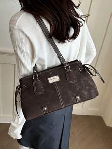 Fashionable Retro Solid Color PU Leather Fabric Large Capacity Versatile Women's Shoulder Bag - Coffee - View 3