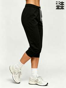 mulinsen Women's Outdoor, Home And Sports 3/4 Pants - Solid Color Minimalist Style, Comfortable Breathable Fabric, Fitted, Suitable For Jogging - Black - View 5