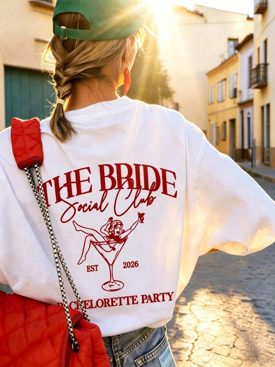 女士夏季圆领短袖T恤，伴娘T恤，印有“THE BRIDE”字样，适合单身派对、度假、办公、休闲、约会、聚会、街头穿着，白色