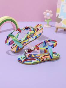 1 Pair Girls Rainbow Print Thong Flat Sandals With Pearl & Rhinestone Decor, Slip-On Design For Daily Wear - Multicolor - View 4