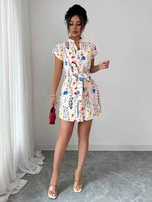 - Colección de ropa femenina de moda  LUNE Vestido elegante de verano para mujer con estampado completo, cuello con muesca y manga corta - Multicolor - Ver 7