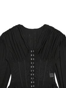 Women's Solid Color V-Neck Long Sleeve Sheer Mesh Mini Dress, Perfect For Birthday Parties, Dates And Vacations Black Wedding Party Fall - Black - View 8