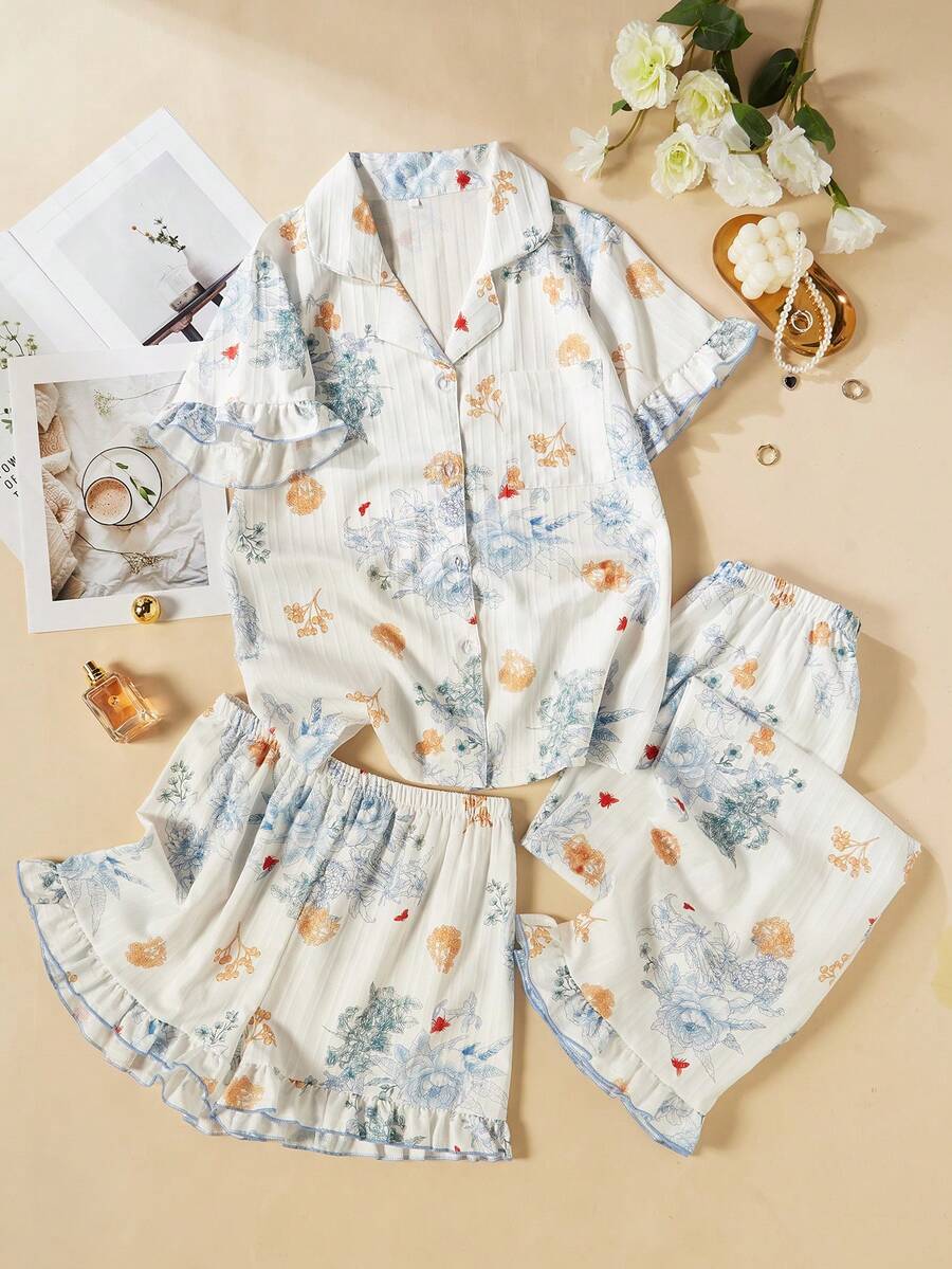 3 piezas Conjunto de pijama de verano para mujer, estampado floral casual con bolsillo, cuello con solapa y botones delanteros, pantalón corto y pantalón con volantes en el bajo, ajuste holgado y cómodo - Multicolor - Ver 1
