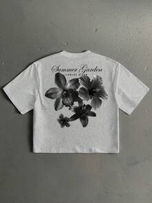 Manfinity LEGND Men's Floral Handwritten Font Print Casual Loose Fit Short Sleeve T-Shirt, Dating And Meeting Essential,  Couple Gift For Boyfriend - 淺灰色 - 查看 1