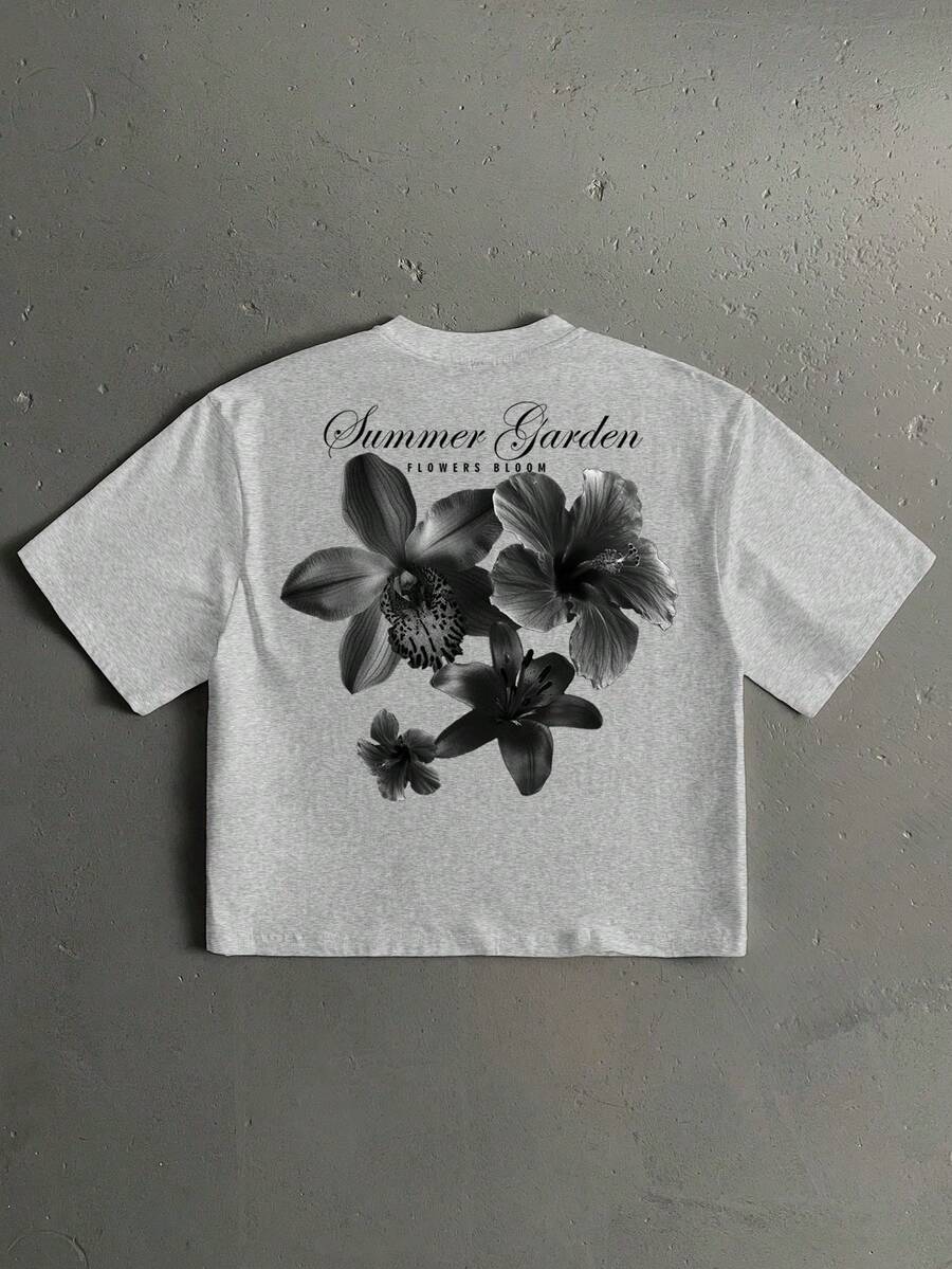 Manfinity LEGND Men's Floral Handwritten Font Print Casual Loose Fit Short Sleeve T-Shirt, Dating And Meeting Essential, Couple Gift For Boyfriend - 淺灰色 - 查看 1