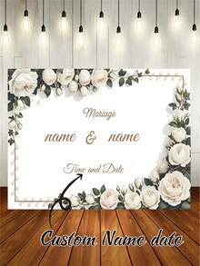 Customizable Name & Date Minimalist Wedding Theme Personalized White Floral Pattern Design, Suitable For Wedding Party Backdrop, Bridal Gift And Photography Background Decor, PVC Banner - A - View 1