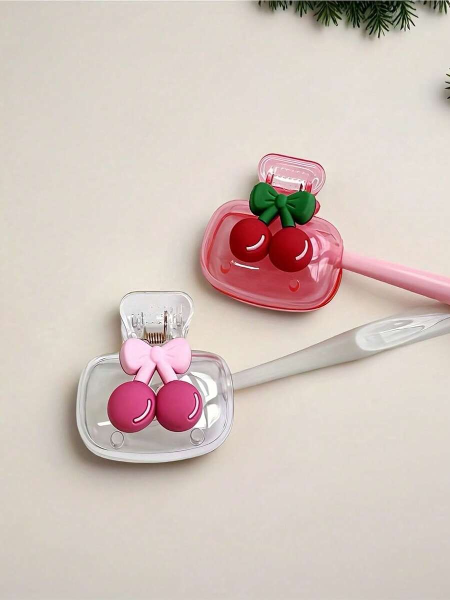 Cherry Pattern Portable Toothbrush Case, Featuring Cute Cherry Design, Transparent White And Transparent Red Color Scheme. Travel Toothbrush Storage Box And Portable Toothbrush Head Protective Clip.