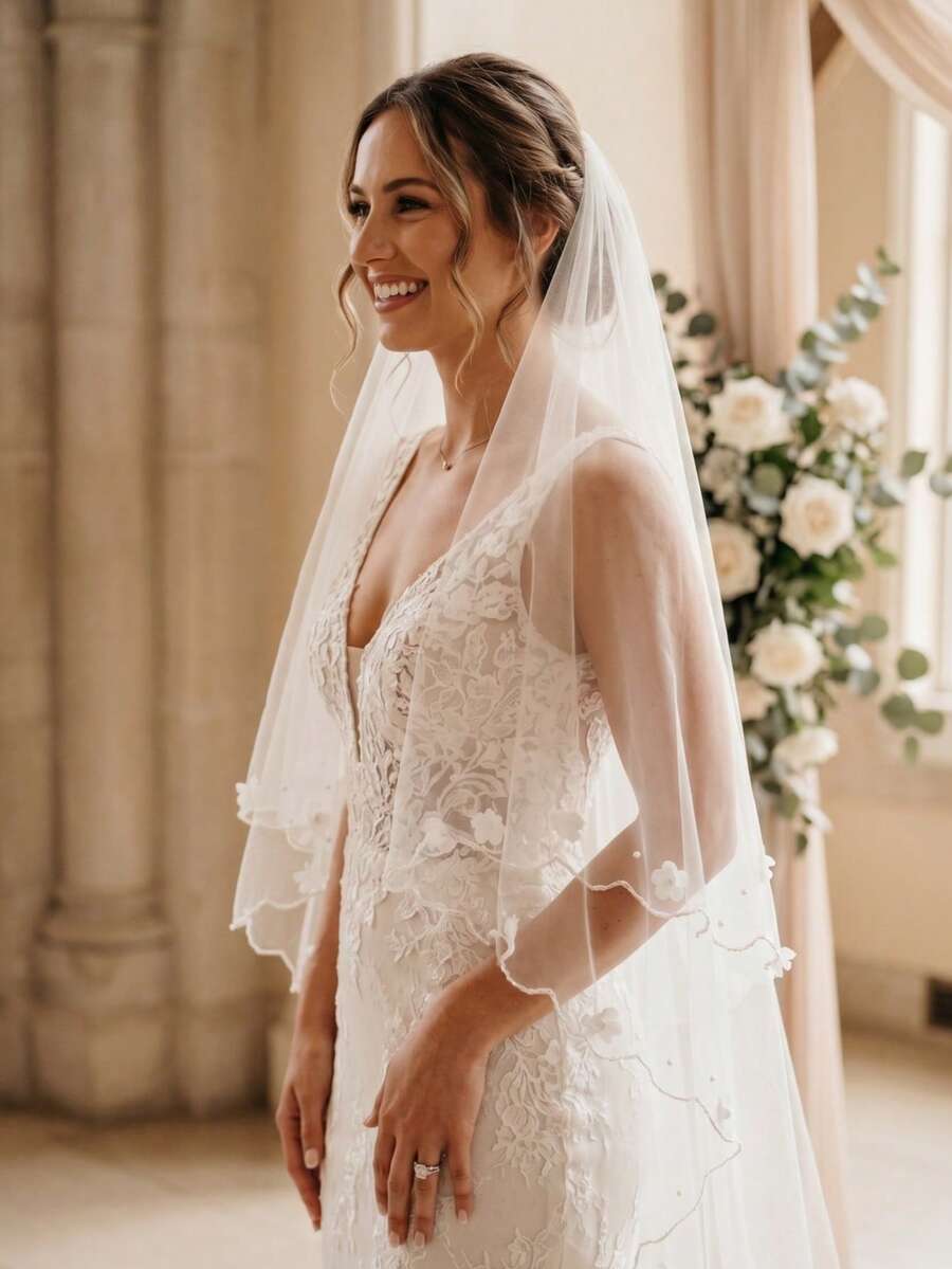 1pc Women's Single Layer Cathedral Style Pearl Flower Wedding Veil, White Ivory, For Wedding Party - Multicolor - View 1