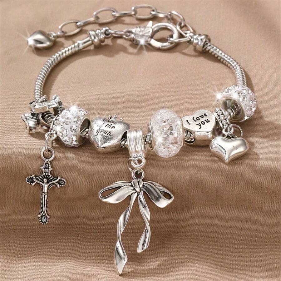 1pc Sweet Cool Style Silver Tone Beaded Bracelet With Cross, Bow, Heart Engraved Pendant, Silver Snake Chain, Adjustable Vintage Daily Versatile Accessory - Retro Heart Cross - View 1