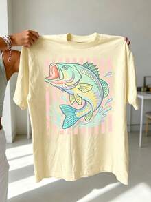 Retro Bass Fish Shirt, Pastel Fishing Tee, Preppy Coastal Lake T-Shirt, Colorful Summer T-Shirt, Beach Lover Gift Casual TShirt Vacation Outfit Women - 杏色 - 查看 3