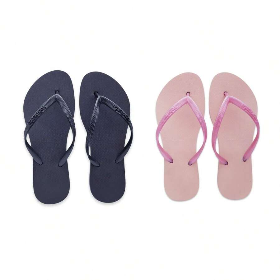 Kit Of 2 Pairs Of Women's Slim Flat Sandals, Black Rose, Comfortable, Lightweight, Soft, Original F02 - Black/Rose - View 1