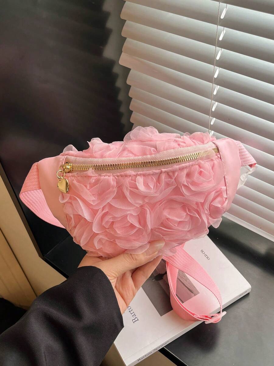 女款粉色3D玫瑰花網格腰包，夏季新款溫柔風斜背腰包，百搭仙女風手機包，日常出遊約會女款胸包
