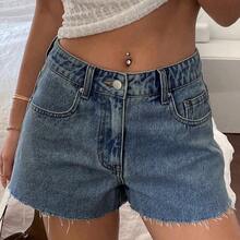 xuehuamaoyi02  Shorts vaqueros cortos con flecos para mujer, de moda para el verano - Gris Claro - Ver 2