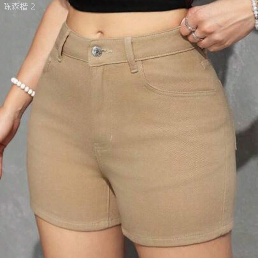 xuehuamaoyi02 PETITE Pantalones cortos vaqueros sueltos y lavados de uso casual versátil - Caqui - Ver 1