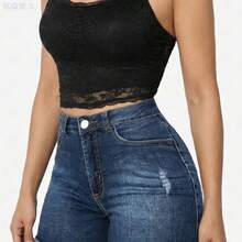 yonghongmaoyi1 Shorts vaqueros de talle alto con bolsillos, desgastados y deshilachados, de estilo informal para vacaciones, color negro, para verano - Gris Claro - Ver 4