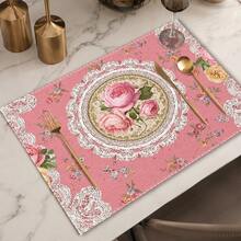 1pc Floral Pattern Placemat, Breakfast Mat, Coffee Mat, Coaster Set, Bowl & Plate Mat, Home Decor, Kitchen Accessory, Easy To Clean Placemat, Suitable For Home, Kitchen & Dining Table Decor, Holiday Gift, Multi-Piece Combination Pack, Linen Placemat - Multicolor - View 4