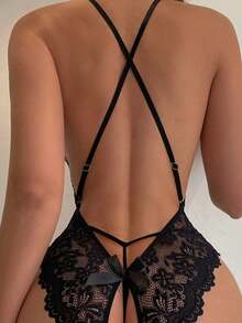 Spicy Aura Floral Lace Scallop Trim Crotchless Teddy Bodysuit Lingerie - 黑色 - 查看 2