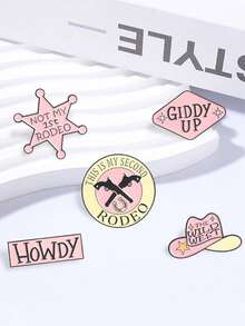 5pcs Creative Western Cowboy Theme Enamel Brooches, Pink Sheriff Badge & Revolver Cowboy Hat Design Pins, Fashion Clothing & Backpack Accessories, Best Gift For Friends - Multicolor - View 4