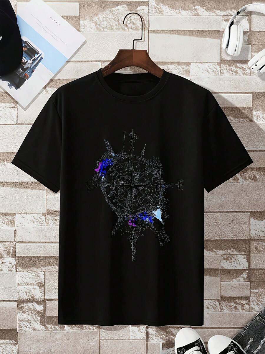 Urban Style [Compass Print T-Shirt] Br - Black - View 1