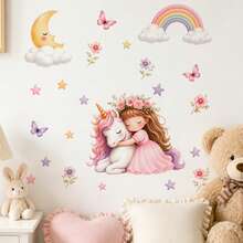 Calcomanía de pared de niña unicornio, pegatina de pared de vinilo removible con luna, arcoíris, estrellas, mariposas, flores, decoración de pared para dormitorio de niñas, habitación de niños, baby shower - Vinilo decorativo de pared para niña con vestido rosa - Ver 3