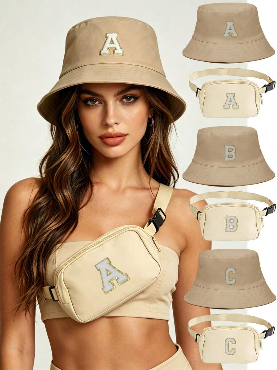 2pcs Personalized 26 Letters Bucket Hat & Crossboy Bag Set,Y2K Style Set,Perfect For Spring, Autumn, Travel, Beach,Holiday,Festival - Beige - View 1