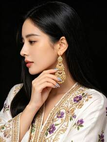 1 Pair Luxury Gold-Plated Moroccan Earrings, Hollow Carved Moon & Heart Tassel Dangles For Arab Ladies, Daily, Wedding & Traditional Festivals - Multicolor - View 9