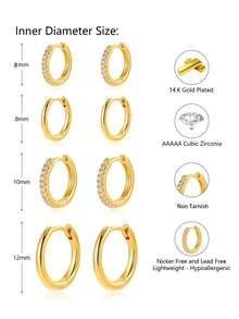Bộ 4 đôi bông tai vòng nhỏ cho nữ mạ vàng 14k đính đá Zirconia, bông tai huggie đeo sụn helix, trang sức vàng làm quà tặng cho nữ - Bộ gồm 2 cặp dây xoắn zircon + 2 cặp bông tai xoắn. - Xem 3