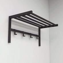 Miroytengo Perchero de Pared, Mueble Organizador de Entrada, Soporte Metálico Negro, 4 Ganchos y Estante 69x33x34 cm, Ideal para Dormitorio o Recibidor, Diseño Práctico y Elegante, Kit Montaje Incluido. De 2 a 3 días de envio - Negro - Ver 3