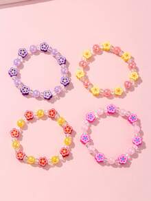 4pcs/Set Girls Cute Flower Polymer Clay Beaded Bracelet & Hand Chain Jewelry Set, Suitable For Holiday Parties, Campus And Daily Wear - Multicolor - View 6
