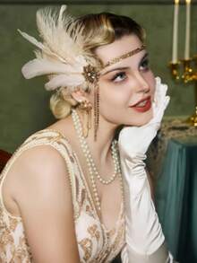1920年代 Flapper 女孩配件，咆哮20年代派對配件，Flapper 女孩套裝包含頭帶、項鍊、手套、耳環、杯架，黑金色 - 彩色 - 查看 2
