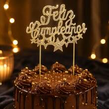 1個亮面水鑽「Feliz Cumpleaños」合金蛋糕裝飾插牌，西班牙文生日快樂派對裝飾 - 查看 9