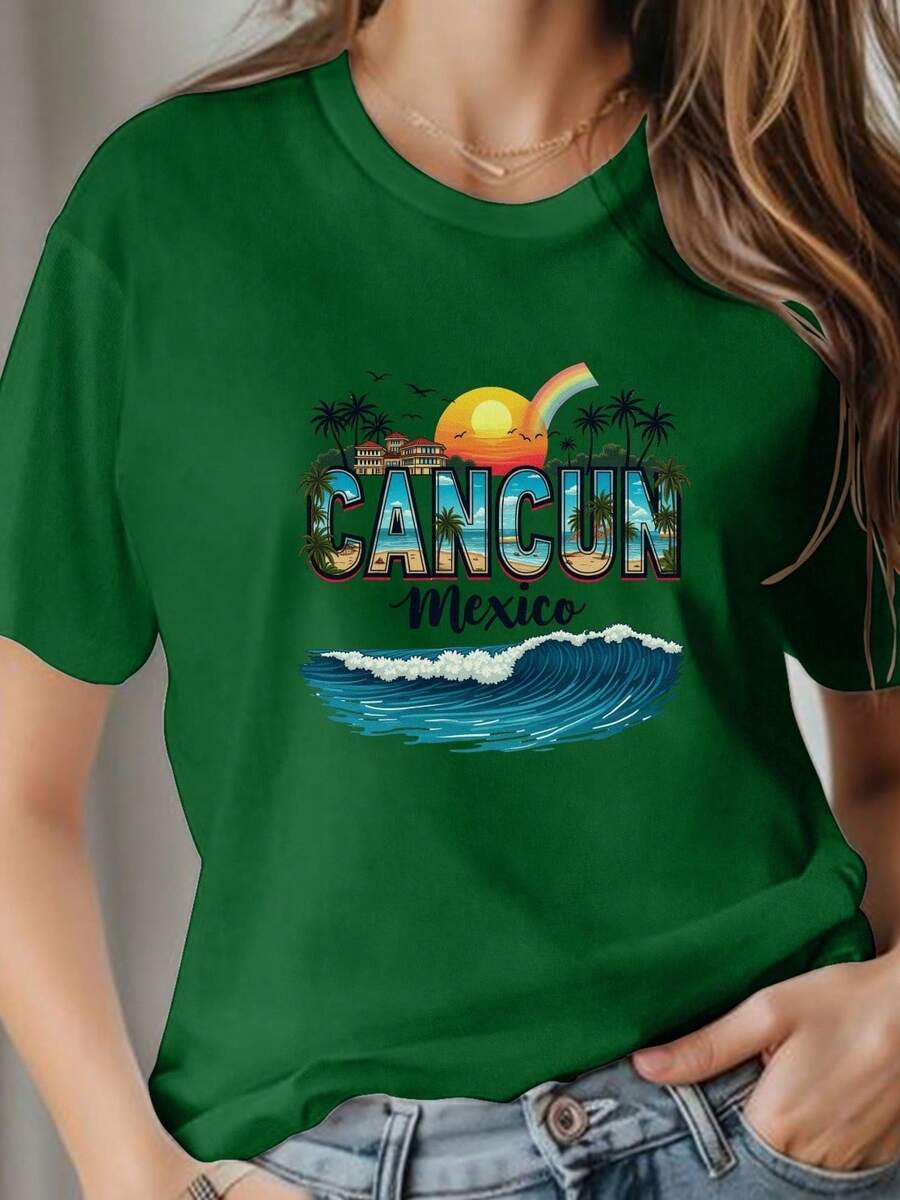 Women's Summer Short Sleeve T-Shirt - Tropical Beach Landscape Print With Palm Trees And Waves - Vibrant Casual Crew Neck Mexican Cancun Style Top - Beach T-Shirt - 綠色 - 查看 1