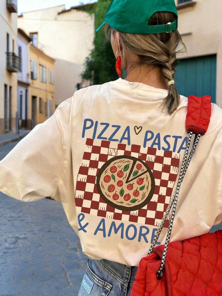 Women's Casual And Versatile Short-Sleeved Crew Neck T-Shirt With Food Print, White, Cotton Women's T-Shirts - 杏色 - 查看 1
