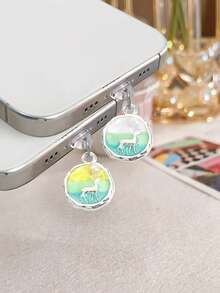 Deer Pearl Style Phone Dust Plug, Oil Painting Ins Decor Charging Port Accessory, Anti-Lost Pendant Compatible With All Phone Models - Multicolor - View 4
