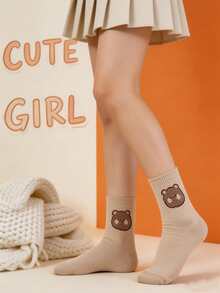 5 Pairs Calf-Length Socks With Bear Patterns For Women, Japanese Preppy Style, Cute Cartoon Design,Comfortable And Breathable - Multicolor - View 3