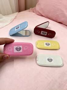 1pc Faux Leather Texture Mirror Phone Stand Makeup Mirror, Fashion Adhesive Foldable Mirror Back Sticker, Horizontal & Vertical Dual-Use Portable Desktop Stand - Multicolored Heart - View 2
